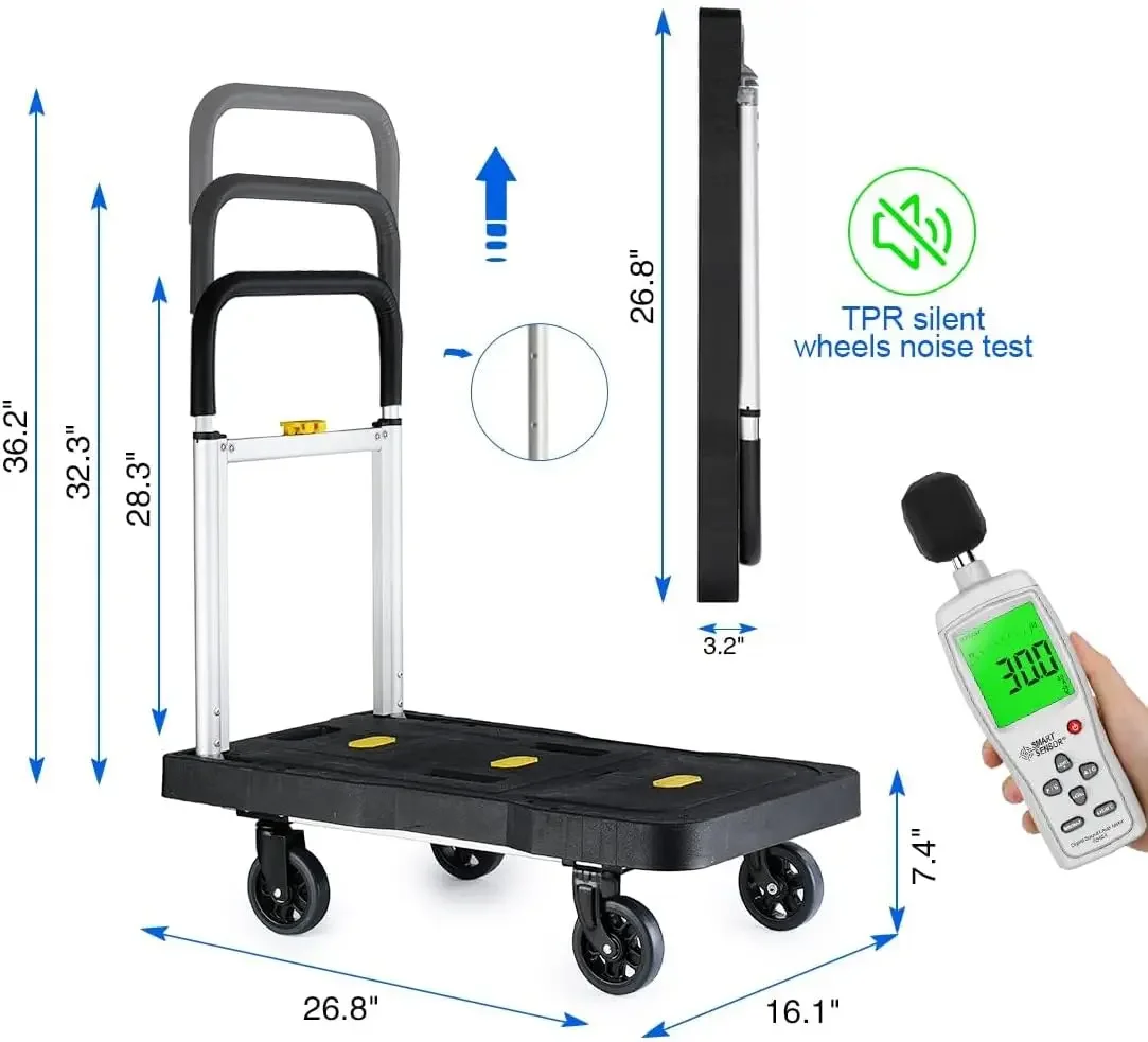 Carrello a mano pieghevole, carrello portabagagli per carichi pesanti da 150kg/330 libbre, carrello a piattaforma portatile con maniglia regolabile per Auto,