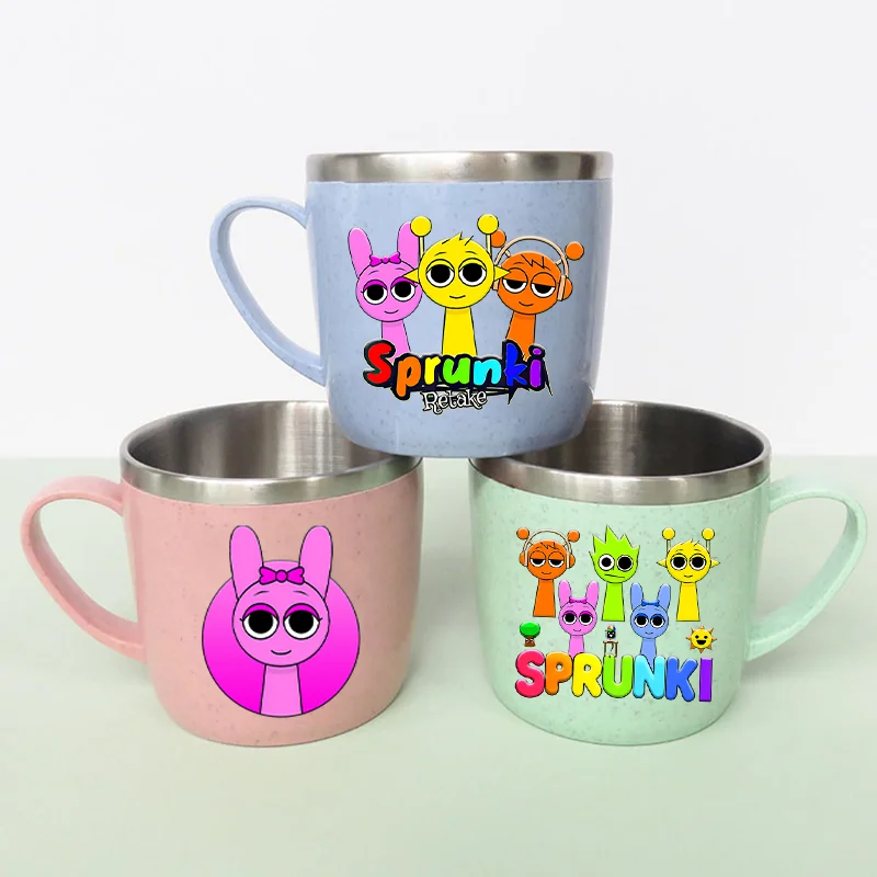 Sprunkis Doppelwandige Verbrühungssichere Edelstahlbecher mit Kunststoffgriff Kaffee-Milch-Tasse Spiel-Cartoon-Wasserbecher Kinder-Heimbecher