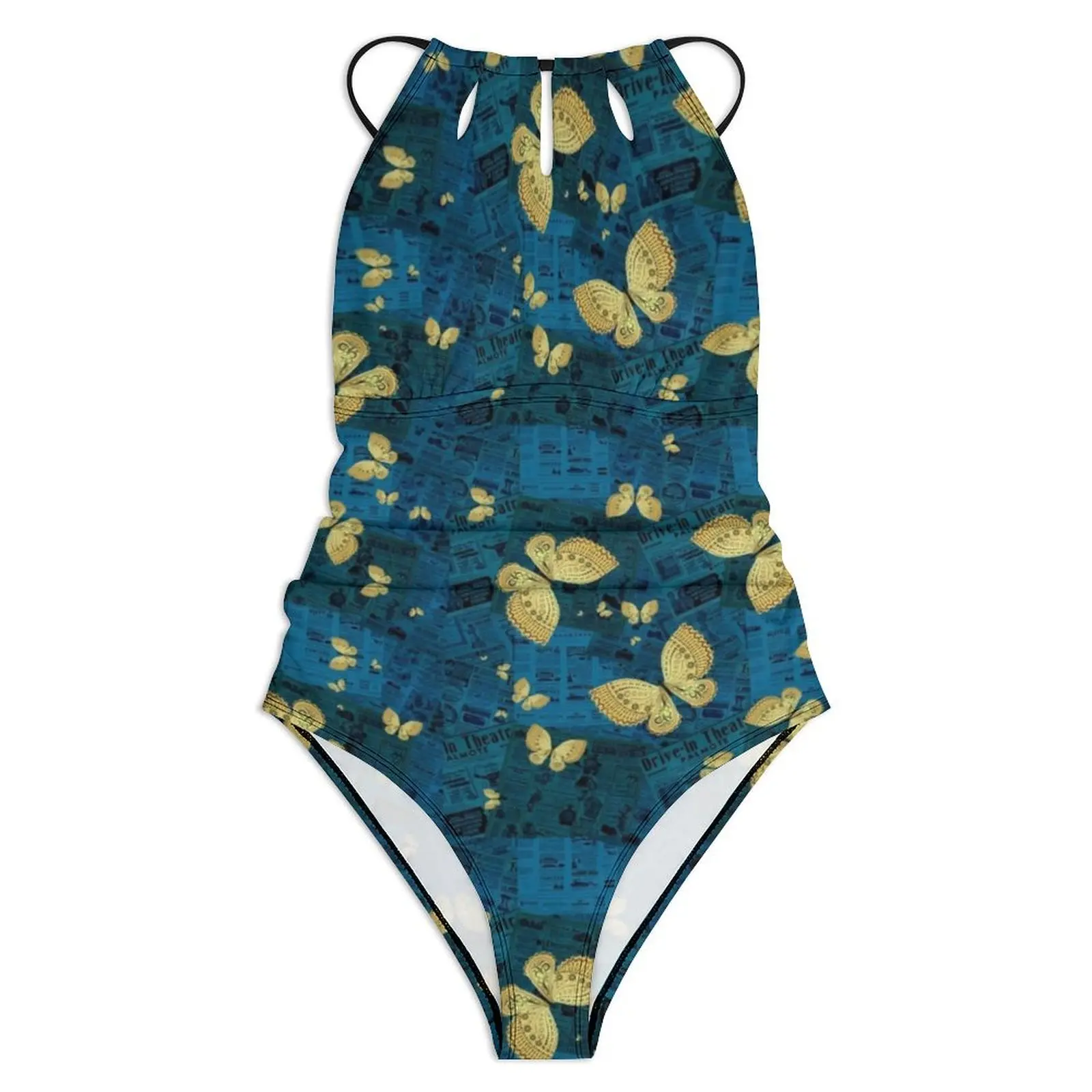 Old Newspaper Print Swimsuit Gold Butterflies Push Up Swimwear One Piece Fitness Bathing Suits Swimsuits Beach Outfits Plus Size