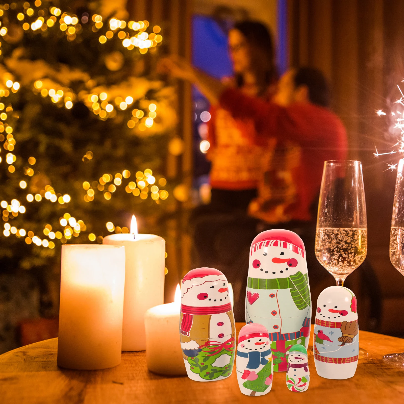 

1 set 1 Set Christmas Snowman Nesting Sturdy Solid Wood Colorful Patterns Russian Nesting Festival Gift Wooden Stackable