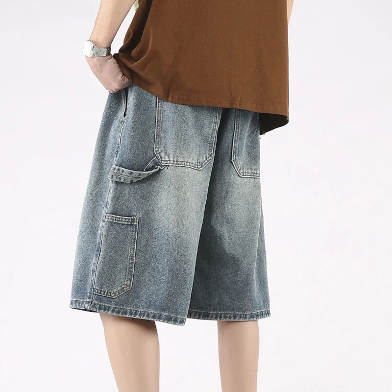 

2026 Men's American Retro Carpenter Denim Shorts Summer Washed Casual Drawstring Loose Fit Cargo Jeans