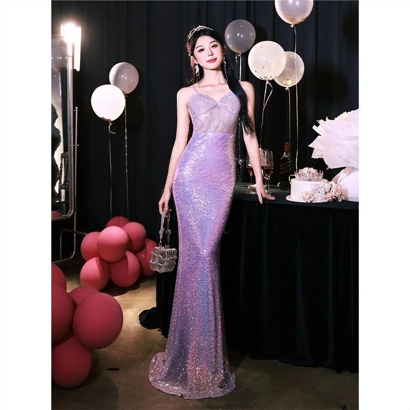 

Elegant Sexy Evening Gown Fish Tail Hostess Lady Personality Luxury Waist Cinched Bodycon Mermaid Formal Dress Floral Detail