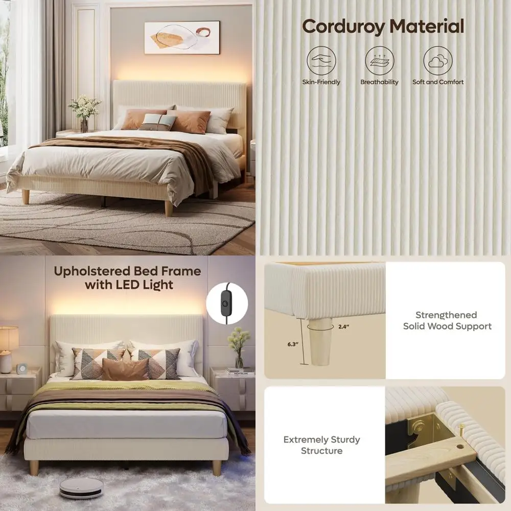 luxury adjustable headboard queen bed frame with led lights, vertical channel tufted corduroy, and solid wood slats