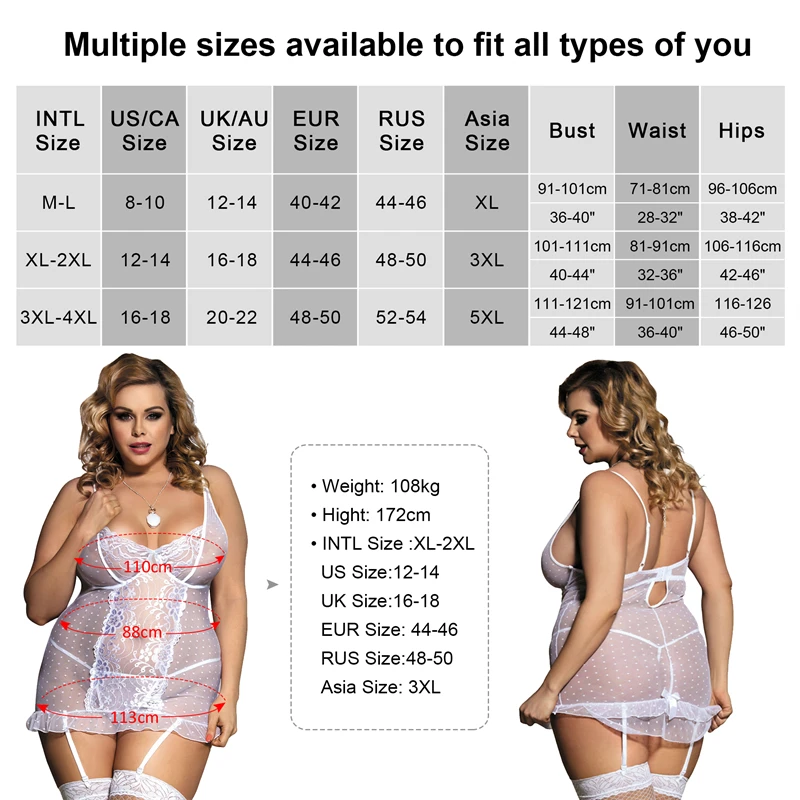 Ultra-thin White Mini Lace Lingerie Nightdress Transparent Sexy Garter Babydoll Pajamas Women Plus Size Underwire Nightgown Set