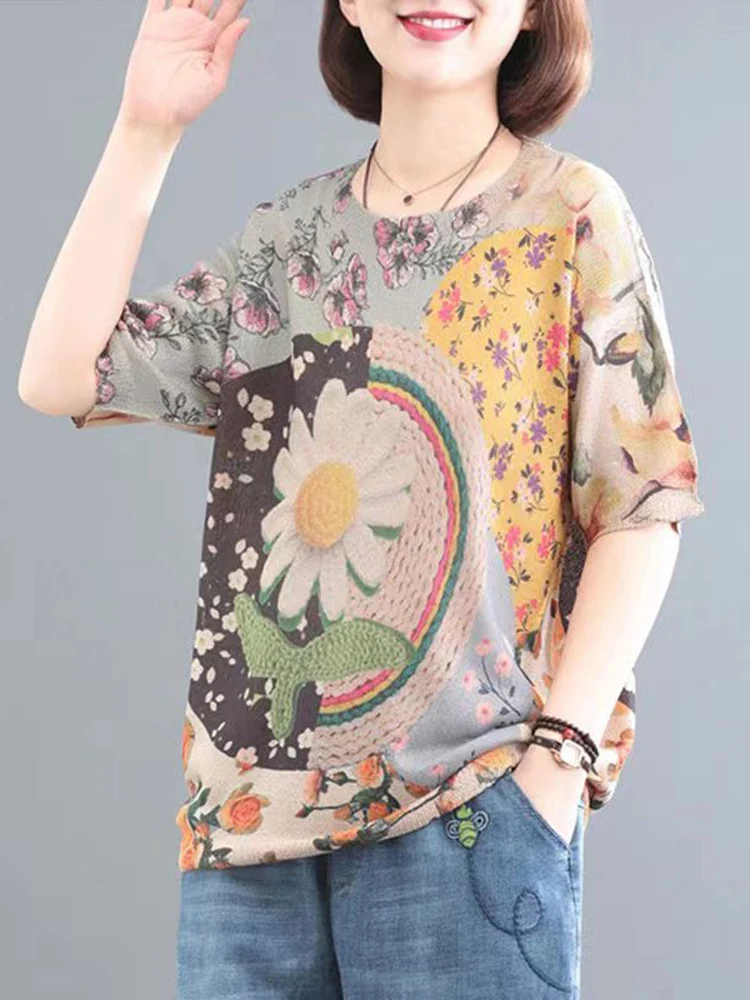 NYFS 2024 Summer New Womens T shirt Fashion Big Size Knitting Tops Loose Print Blusas Camisa Mujer