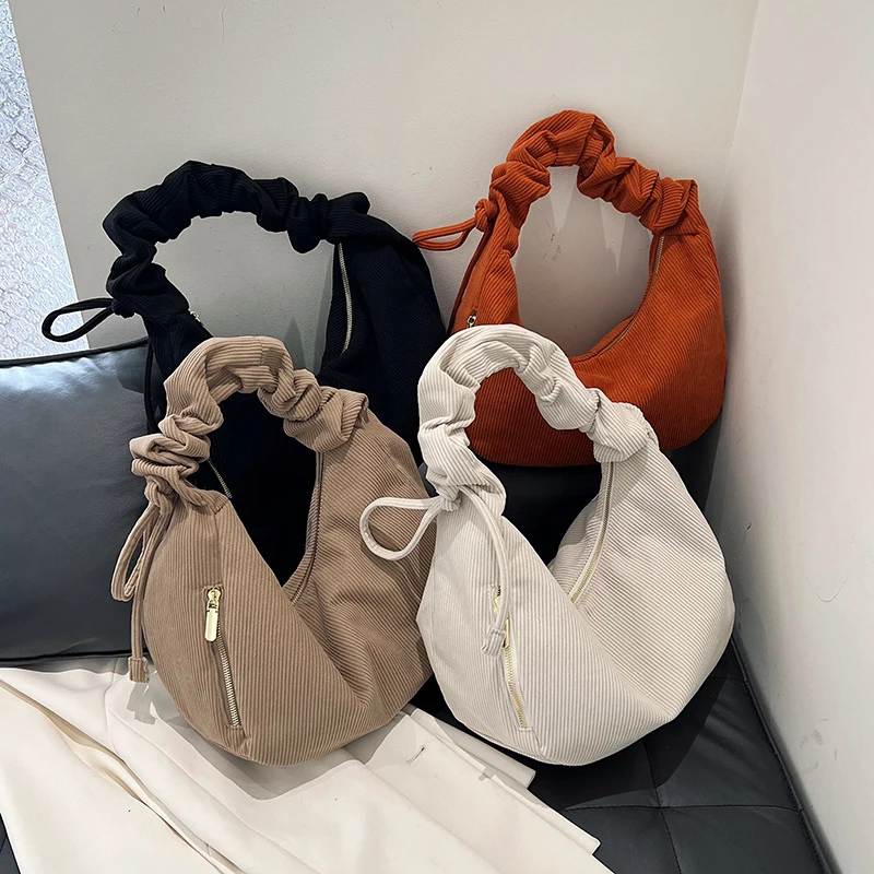 Women Corduroy Shoulder Bag Ruched Slouchy Tote Bag Adjustable Strap With Zipper Hobo Purse Shopping Travel Casual Shoulder Bag