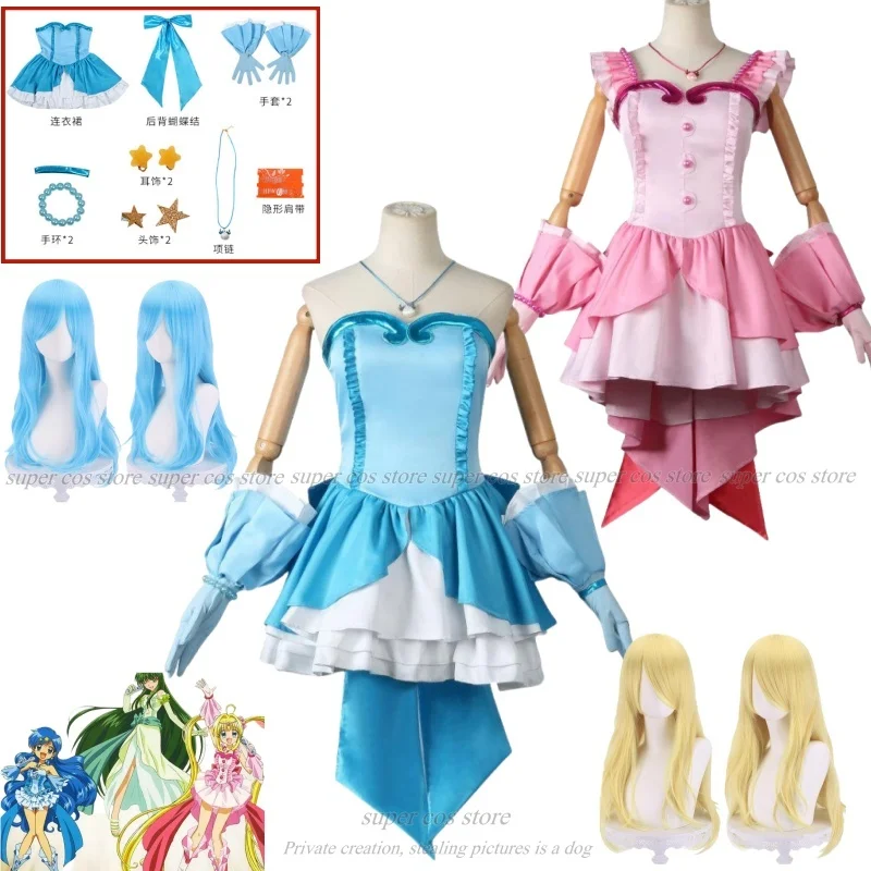 Hanon Hosho Cosplay Costume Wig Blue Mermaid Melody Dress Hanon Dress Cosplay Costume Wig Gloves Halloween Princesses Gown