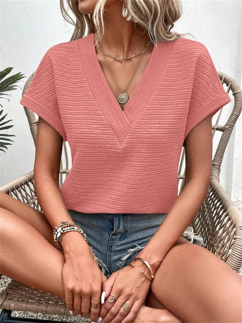 Elegant Solid Color Pleated Fabrics T-Shirt Women V Neck Pullover Short Sleeve Tops Female Korean New Casual Commuter Loose Tees