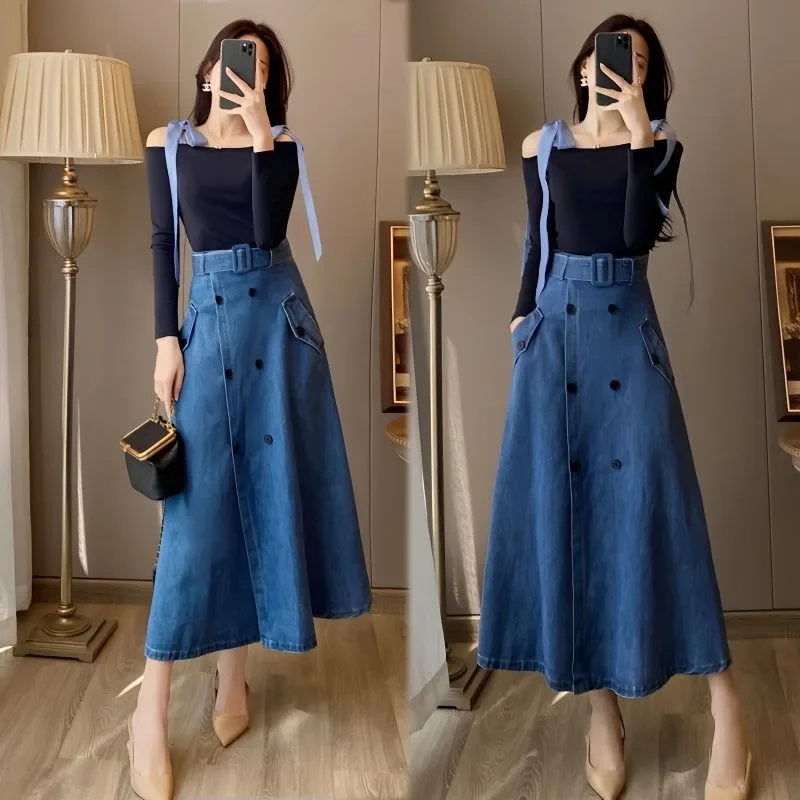 Women's Denim Skirt Long with Pocket Suspenders Maxi Female Jeans Skirts Zipper Blue High Waist Y2k Vintage Cheap Korean Style V