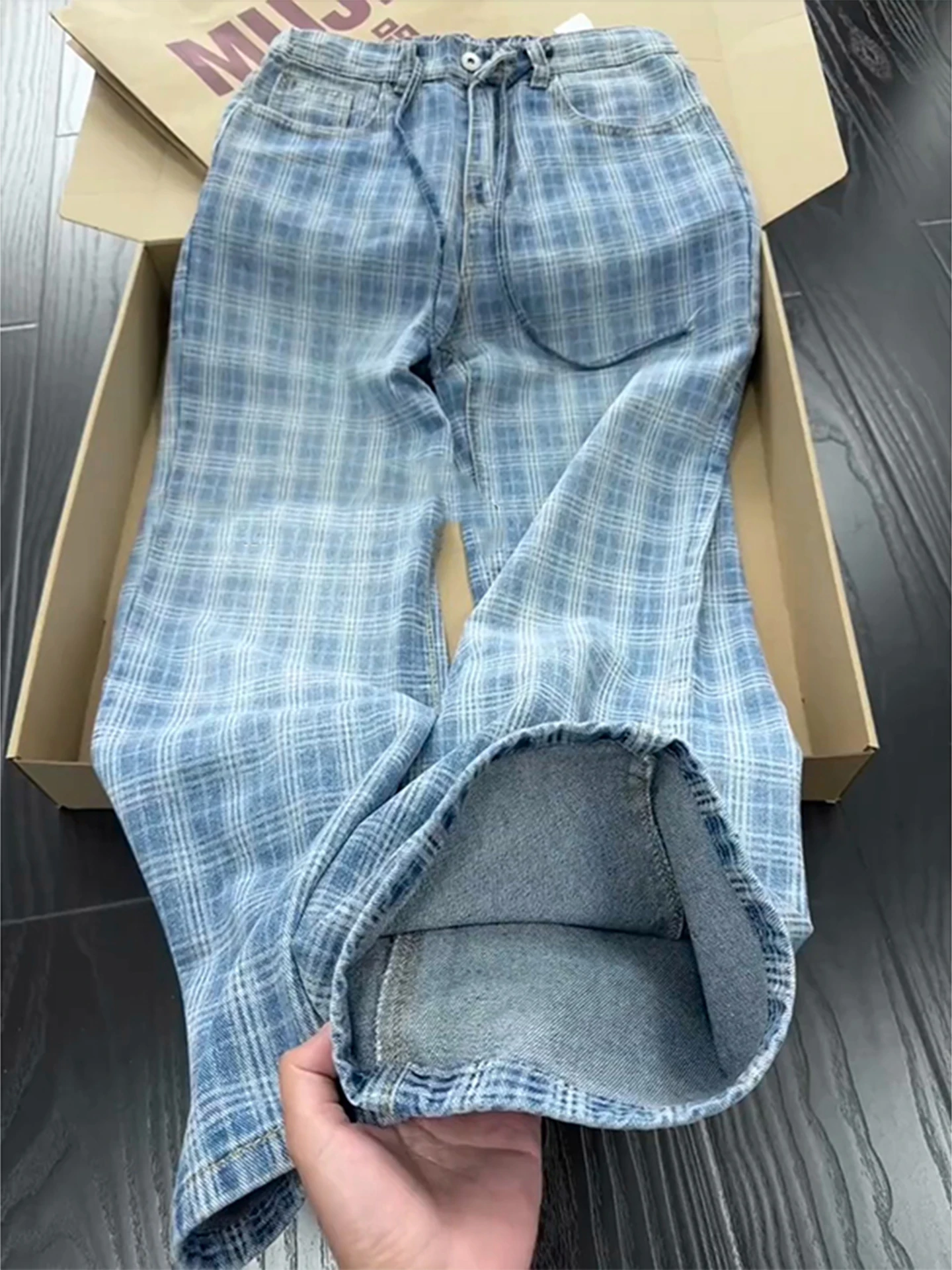 

American Retro Plaid Men's Jeans Summer High Waist Straight Leg Loose Fit Slimming Micro Flared Pants Casual Straight Jeans