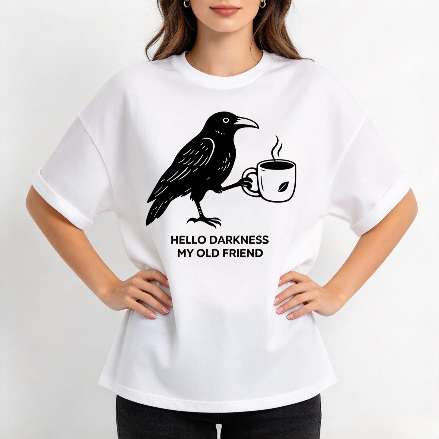 Basic Men Women Modal Couple T-shirt Simple Cartoon Crow Coffee Cup Print Short Sleeve Tee Unisex Casual Matching Tops