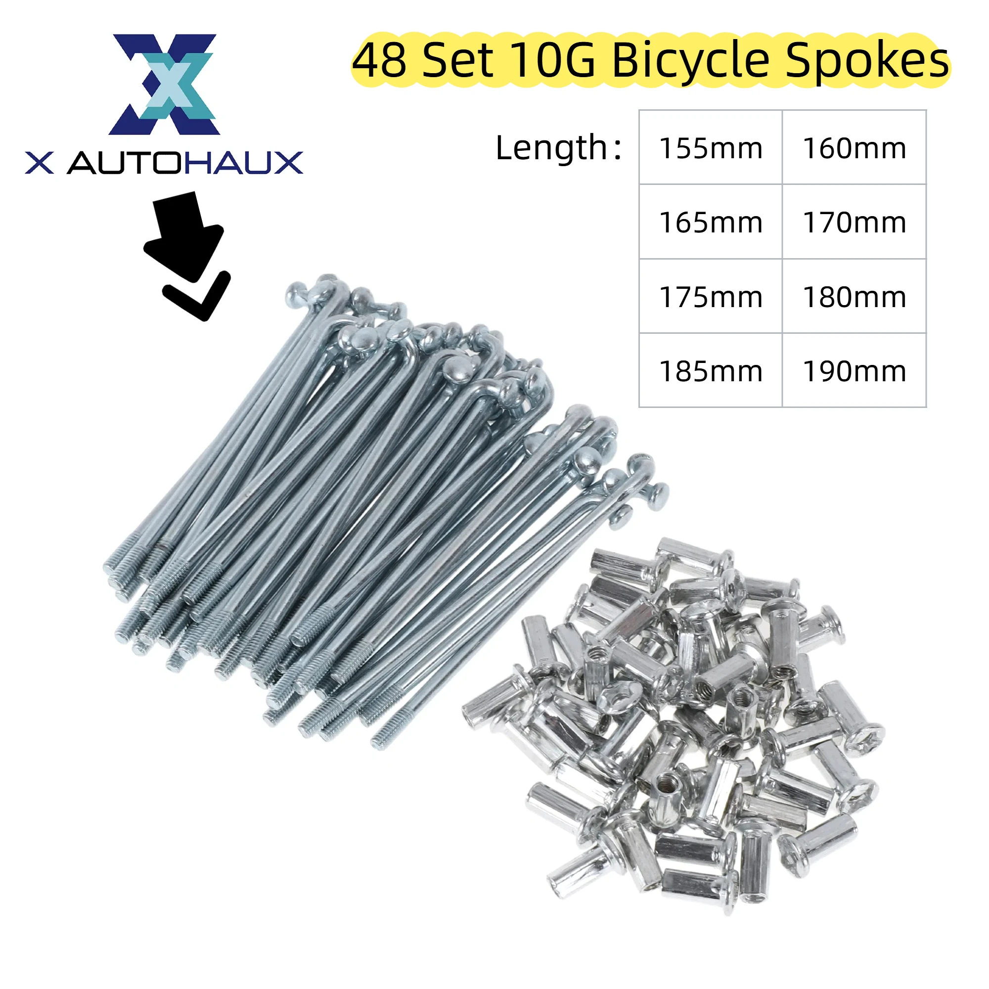 X Autohaux 48 Set 10G Bicycle Spokes 155mm 160mm 165mm 170mm 175mm 180mm 185mm 195mm Bike Wheel Spokes Carbon Steel Galvanized
