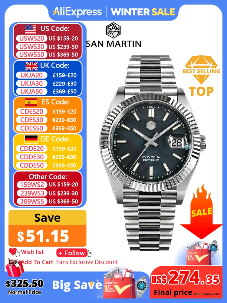 San Martin Men Watch 40mm Vintage MOP Dial Retro Business Luxury Sapphire PT5000 Automatic Mechanical Carving Fluted Bezel 10Bar