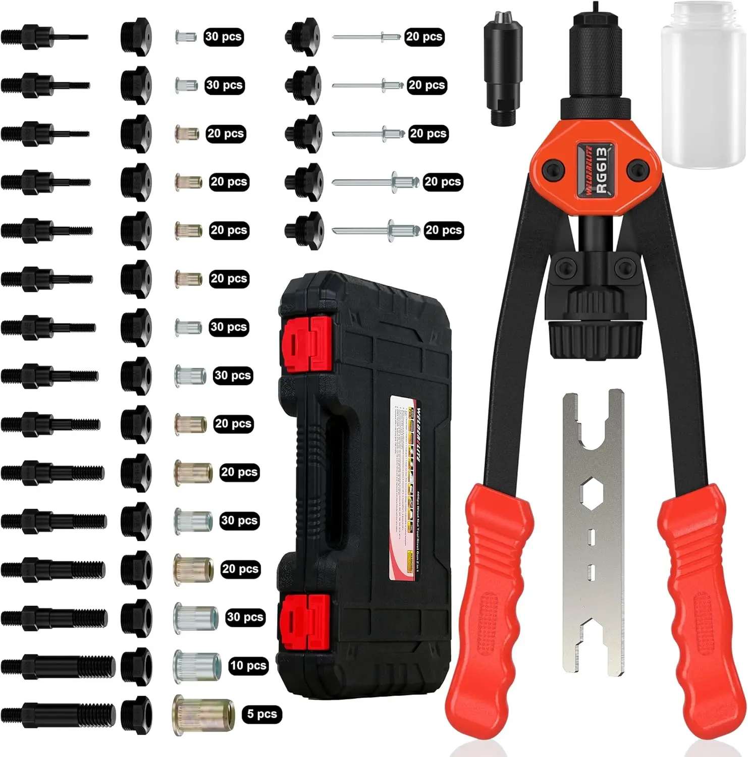 

Dual-Function Rivet Nut Tool Kit with 405 pcs Nuts, Rivets, Mandrels & Nozzles for Multi-Purpose Use