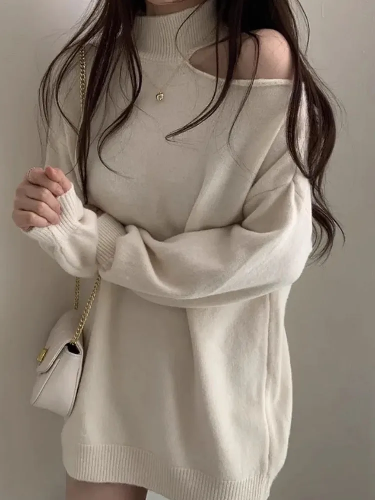 

Loose Women's Knitted Sweater Base irt oulder Bared High Collar Autumn Winter New Sle Faionable Outerwear Top