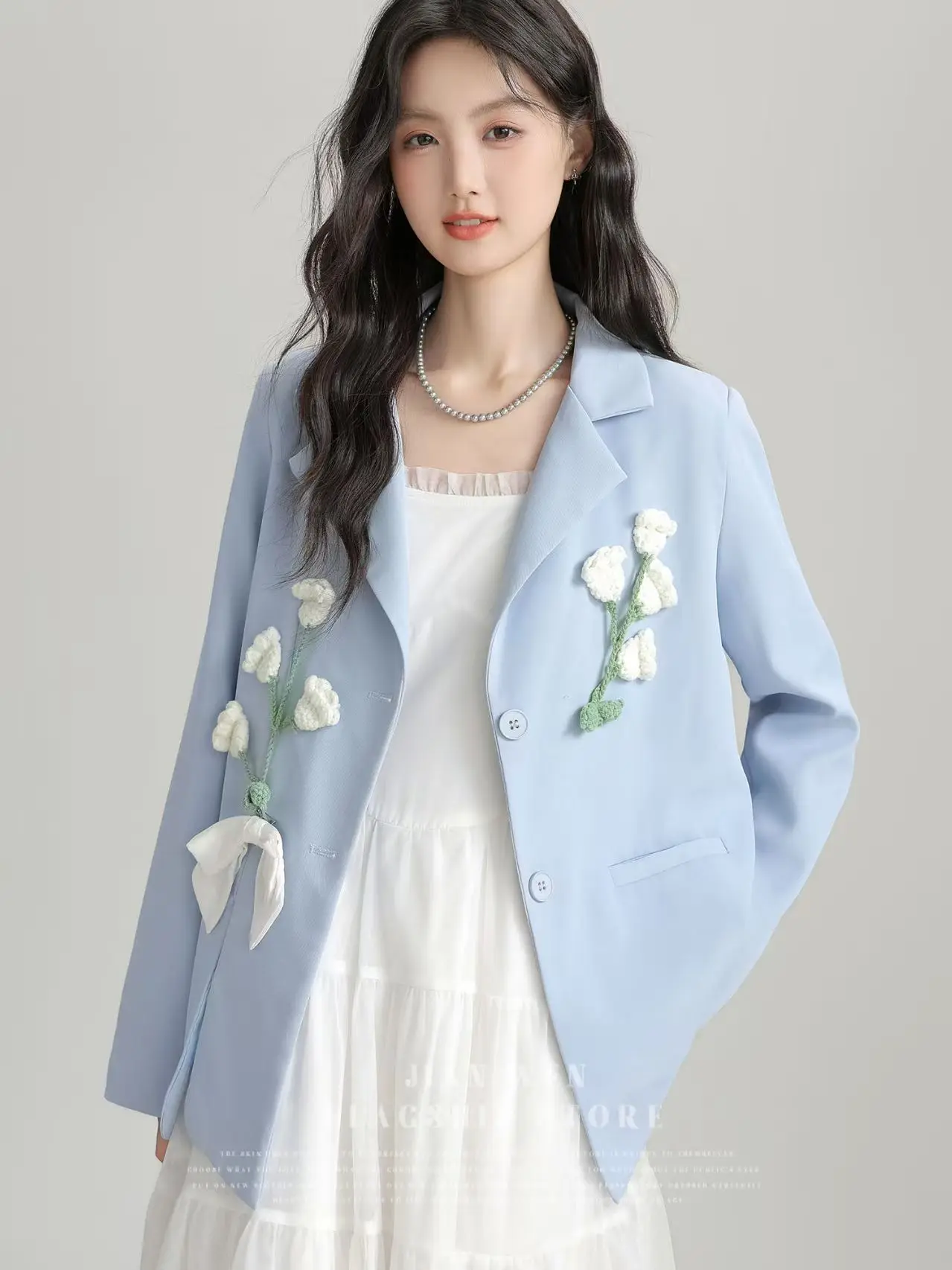2025 Spring Autumn Blue Literary Style Elegant Office Lady Blazer Women Coats 3D Flower Single Breasted Casual Korean Jacket New