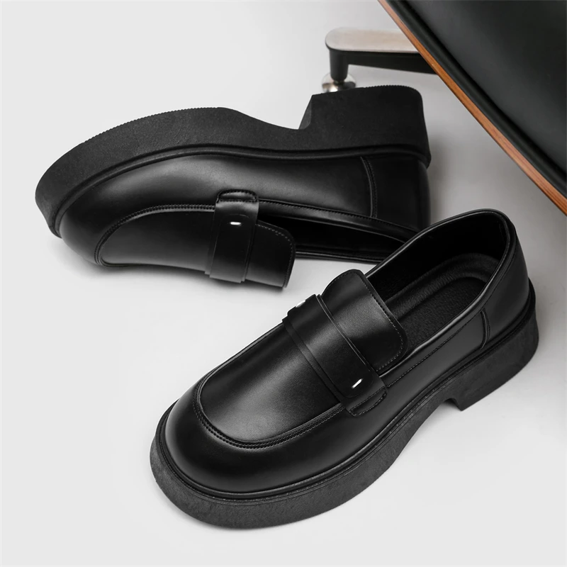 British Style Platform Loafers Men 2024 Plus Size Round Toe Single Shoes Male Thick Bottom PU Leather Shoes