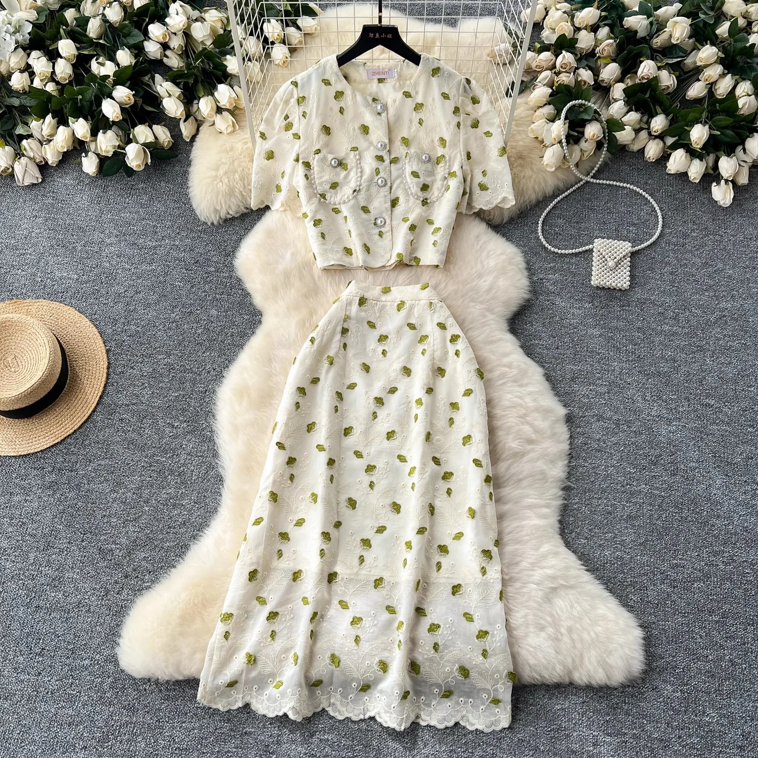 

New Summer Holiday Pearls Flower Embroidery Lace Two Pieces Sets Women Jacket Tops Midi Skirts Suit Office Lady 2 Pcs Outfits