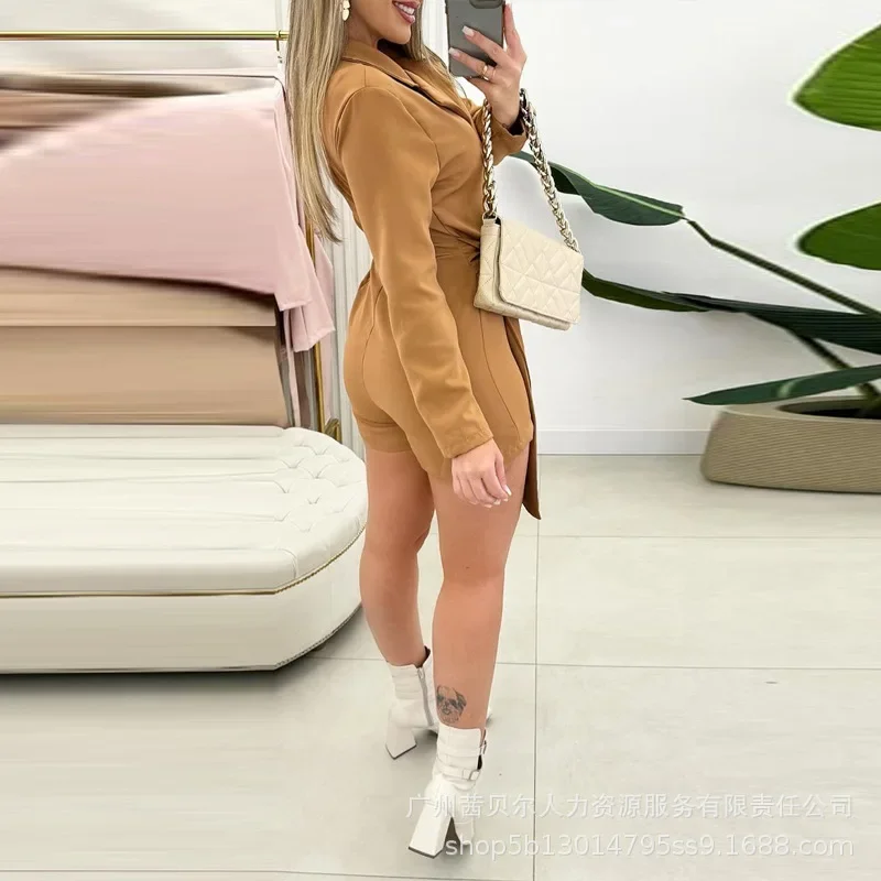 

Lapel Strap Pleated Commuter Jumpsuits Solid Color Suits Jumpsuits Women Long Sleeve Summer Casual Rompers Playsuits