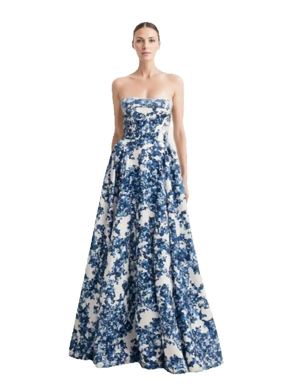 

Ruched Strapless Sleeveless Flowers Print Long Dress Blue