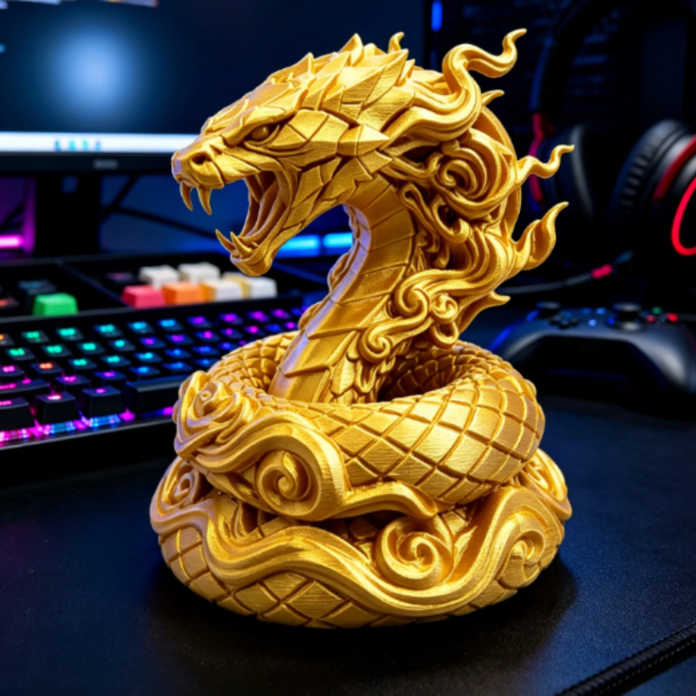 Fierce Coiled Cloud Scale Serpent Figurine 3D Printed Golden Snake Artwork Ornaments Finish Reptile Desk Home Table Decor Gifts