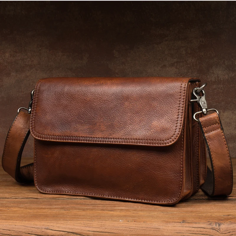 Original hand-rubbed leisure messenger bag vegetable tanned leather handbag leather retro men\'s Baotou leather shoulder bag