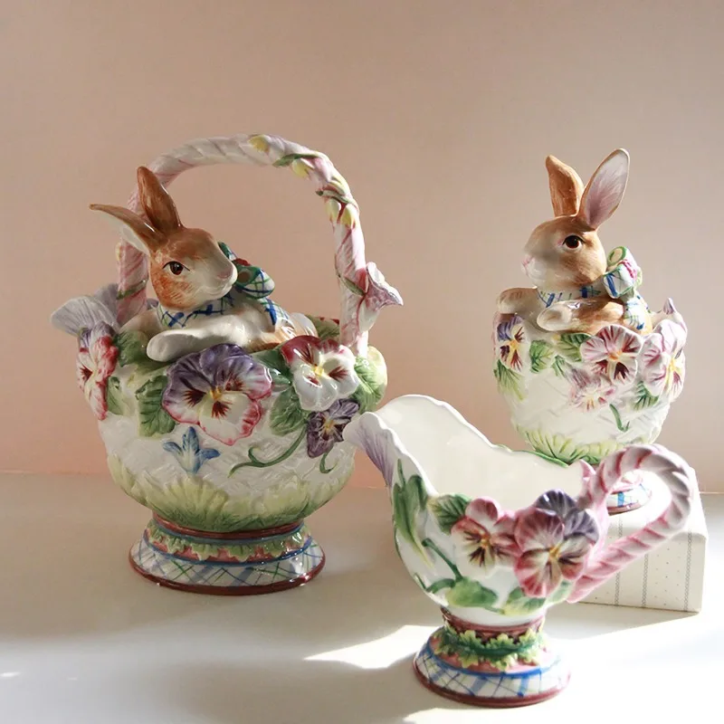 Vintage Flower Rabbit Afternoon Tea Underglaze Color Ceramic Teapot
