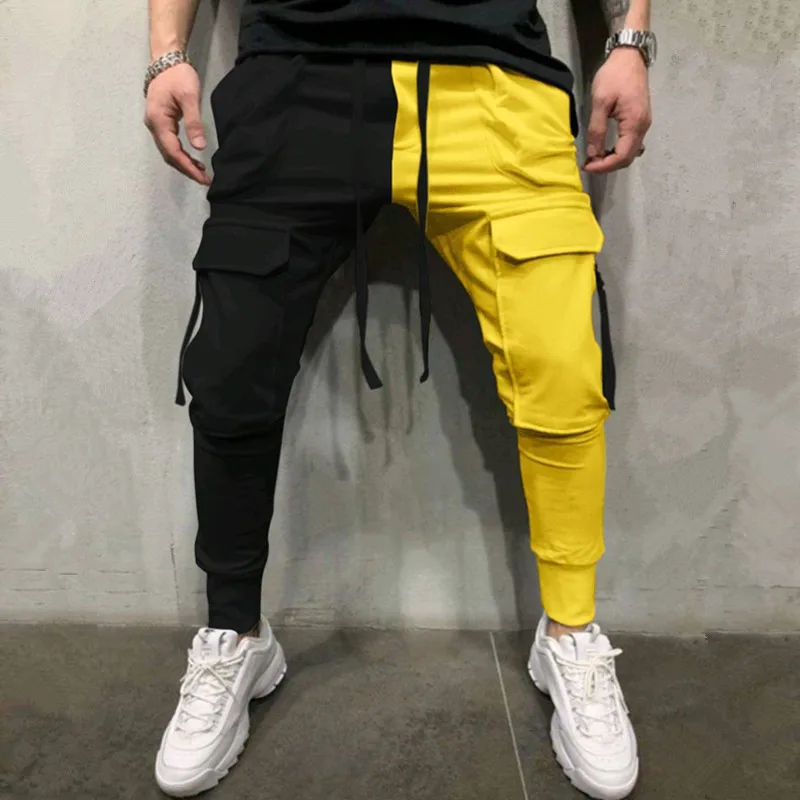 Y2K Mens New Fashion Black Yellow Patch Stich Cargo Pants Fashion Men Multiple Pockets Gym Casual Trousers Techwear Pantalones