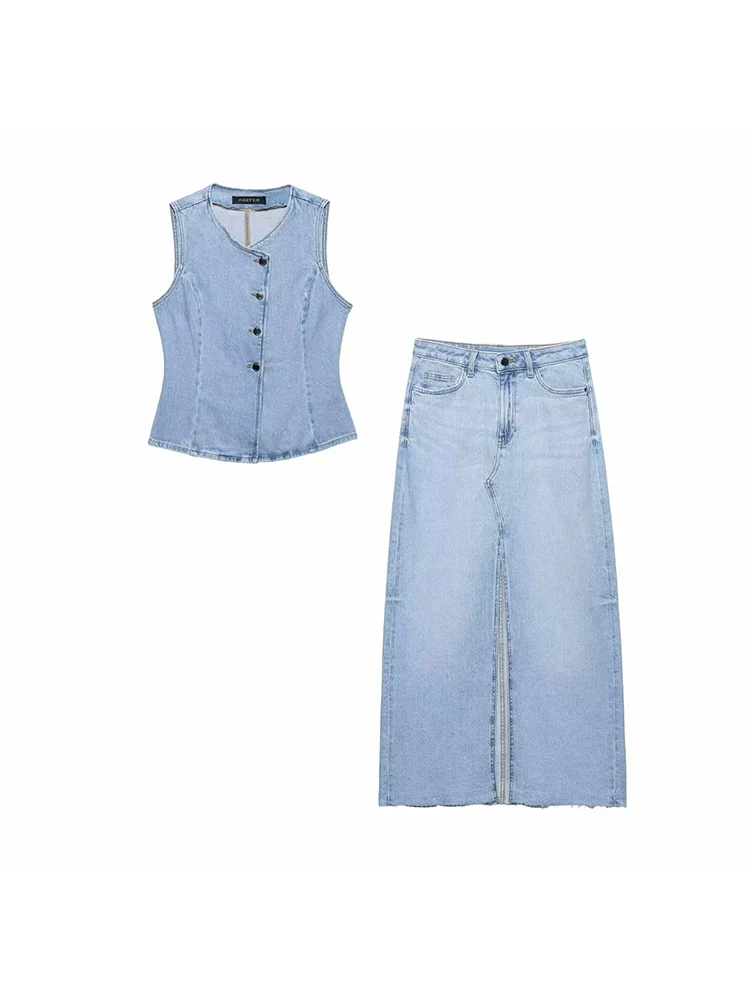 

KUCLUT Women Fashion 2 Piece Set Denim Blue Single Breasted Tank & Vintage Front Zipper Midi Skirt Female Chic Skirts Set