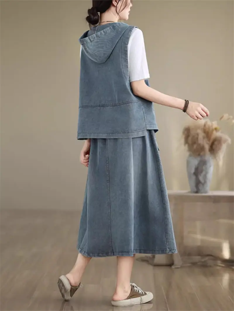 Retro Chinese Style Denim Vest Skirt Outfits 2024 Summer Loose Oversized Women's Clothing Jeans Skirt Suit Two Piece Set K1566