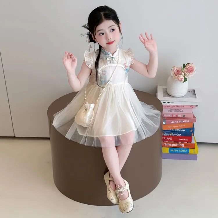Vestido Hanfu Elegante de Verão para Meninas, Estilo Conto de Fadas, Fantasia Infantil, Traje Tang, Vestido Sem Alças até o J...