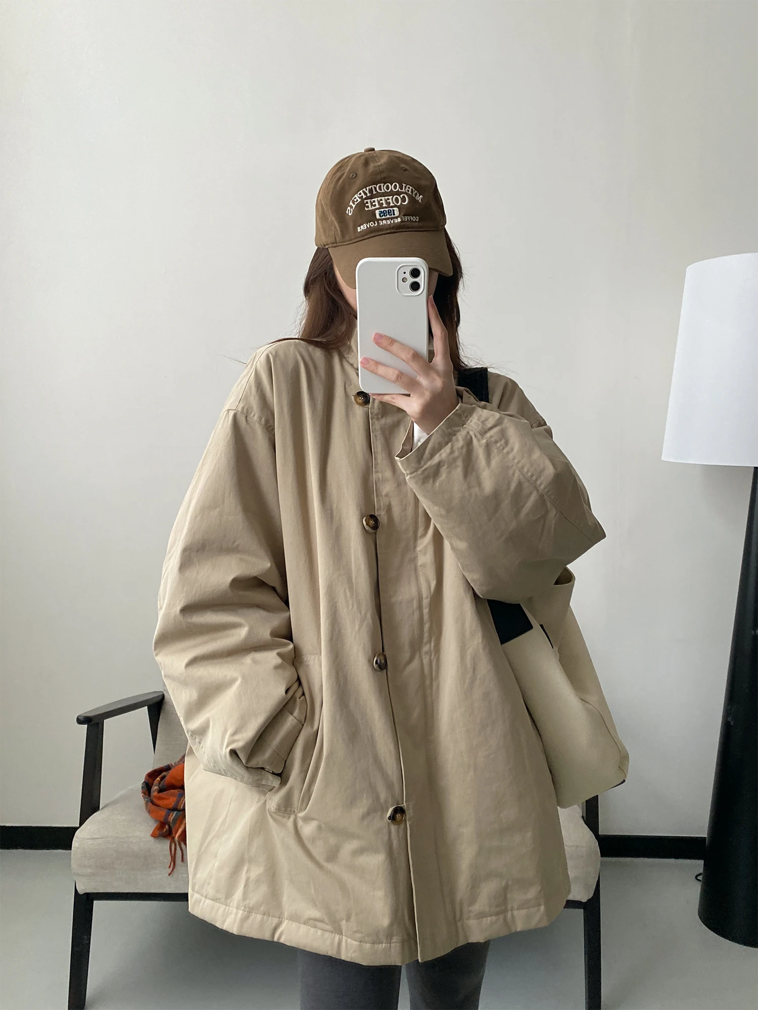 

SunYeo Thiened Хлопковое платье с воротником-стойкой длиной миди, женское свободное пальто на осень-зиму, новое школьное пальто в Корейском стиле