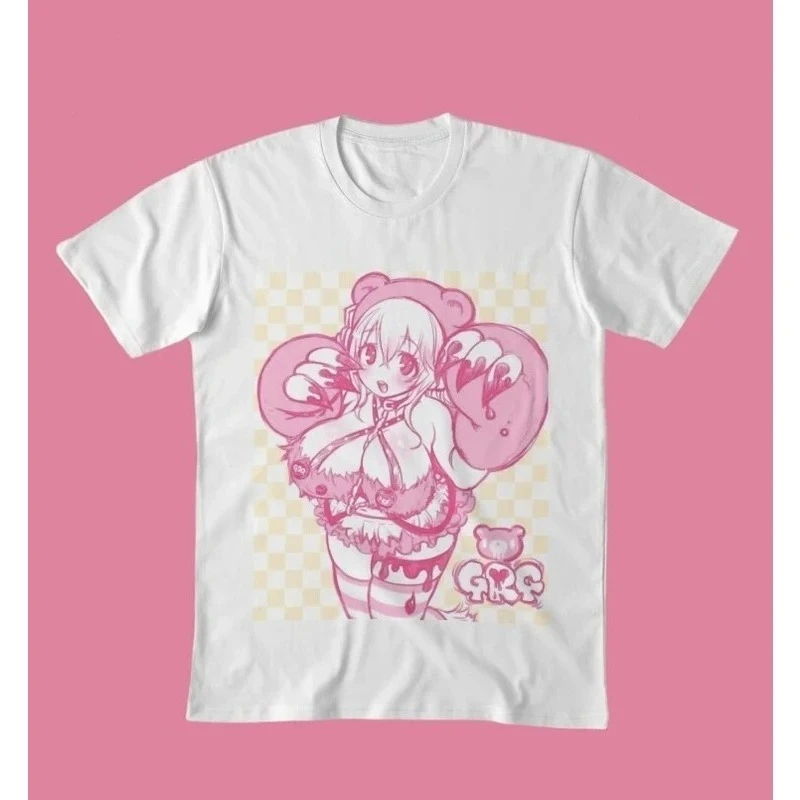 Super Sonico Anime T-shirt Vintage Washed Y2K Aesthetic Unisex Oversized Short Sleeve Summer Cotton Retro Streetwear Hot Sale