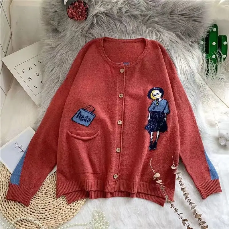 2024 Autumn New Sweater Jacket Women\'s Retro Little Girl Jacquard Versatile Knitted Cardigan Women\'s Lazy Thick Style