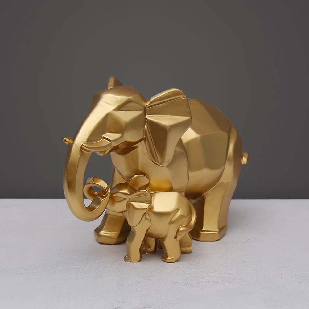 

Golden Geometric Resin Elephant Family Sculpture Simulation Ornament Desktop Decoration for Home Office Garden Gift