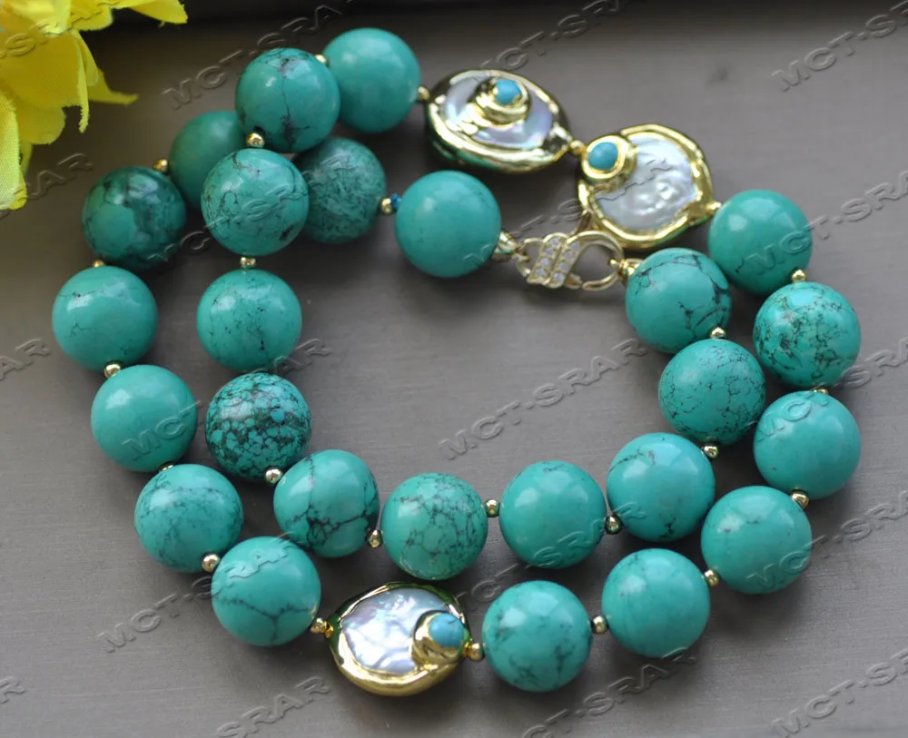 

MCT·STAR Z12140 21'' 23mm White Coin Pearl Green Round Turquoise Necklace CZ