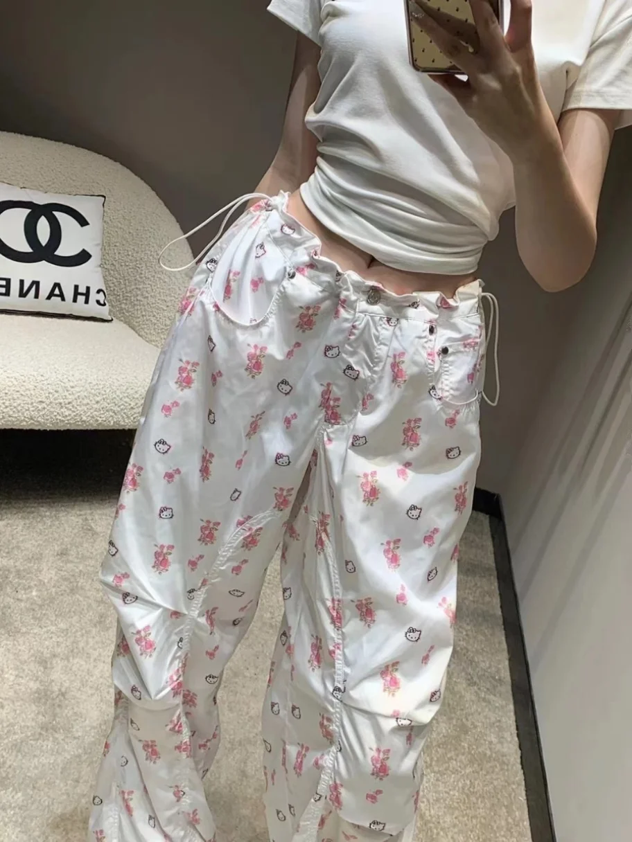 

Kit Floral Workwear Casual Long Pants Thin Loose Paratrooper Pants High Waist Korean Sle ket Detail Clot T