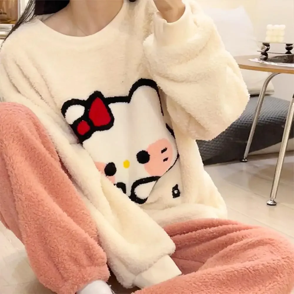 Cute Women Pajamas Suit Hello Kitty Cinnamoroll Sanrioed Anime Kawaii Plush Spring Cartoon Coral Fleece Homewear Warm Nightwear