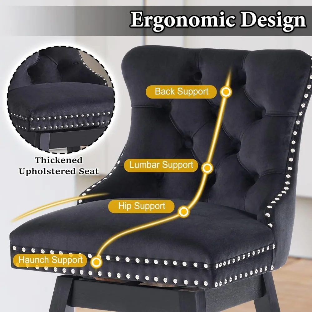 360 °   Taburetes de bar tapizados de terciopelo giratorios con respaldos, sillas de altura de mostrador de madera maciza