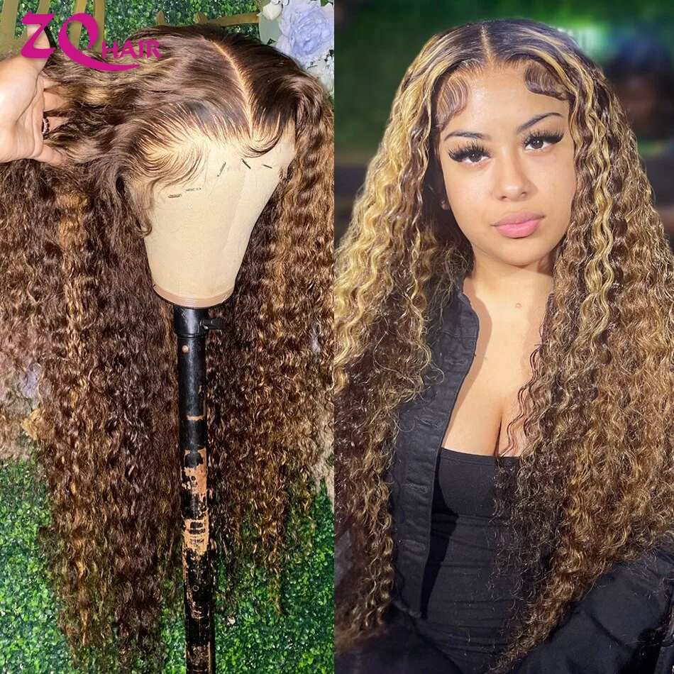 Kinky Curly Wigs Highlight Wig 100% Human Hair Ombre Honey Blonde 13x6 HD Lace Frontal Wigs Human Hair 13x4 HD Lace Front Wig