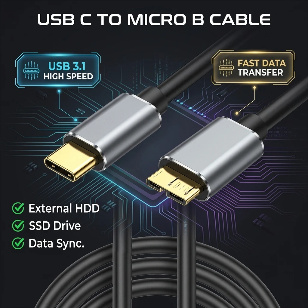USB C to Micro B Cable USB 3.1 Gen1 Data Cable High Speed Transfer Cord for External Hard Drive HDD SSD Mobile Disk