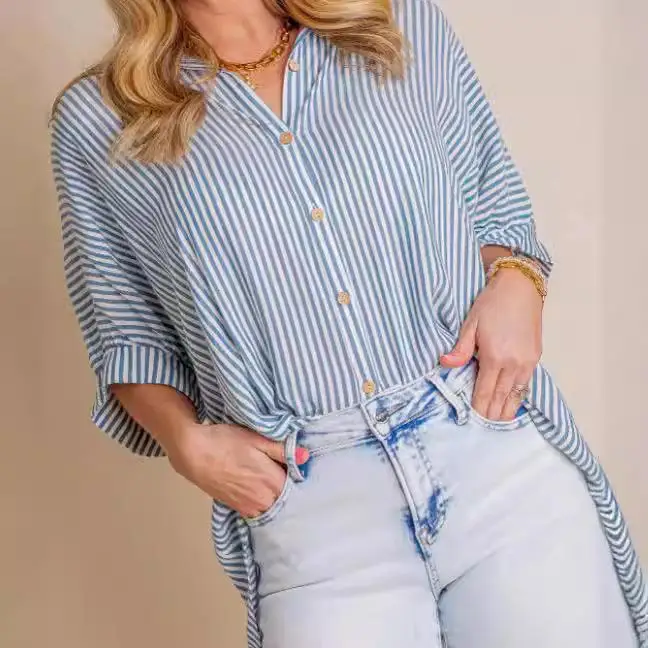 Women's Striped Single Mid-Sved irt Polyester Fiber Five-Sve Regular Thin Summer Faion Ladies' irt