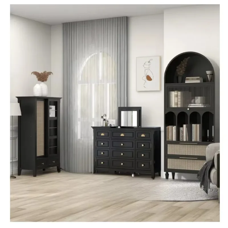

American-Style Solid Wood Arched Changhong Glass Bookcase Light Luxury Rattan Restaurant Floor Storage Display Cabinet