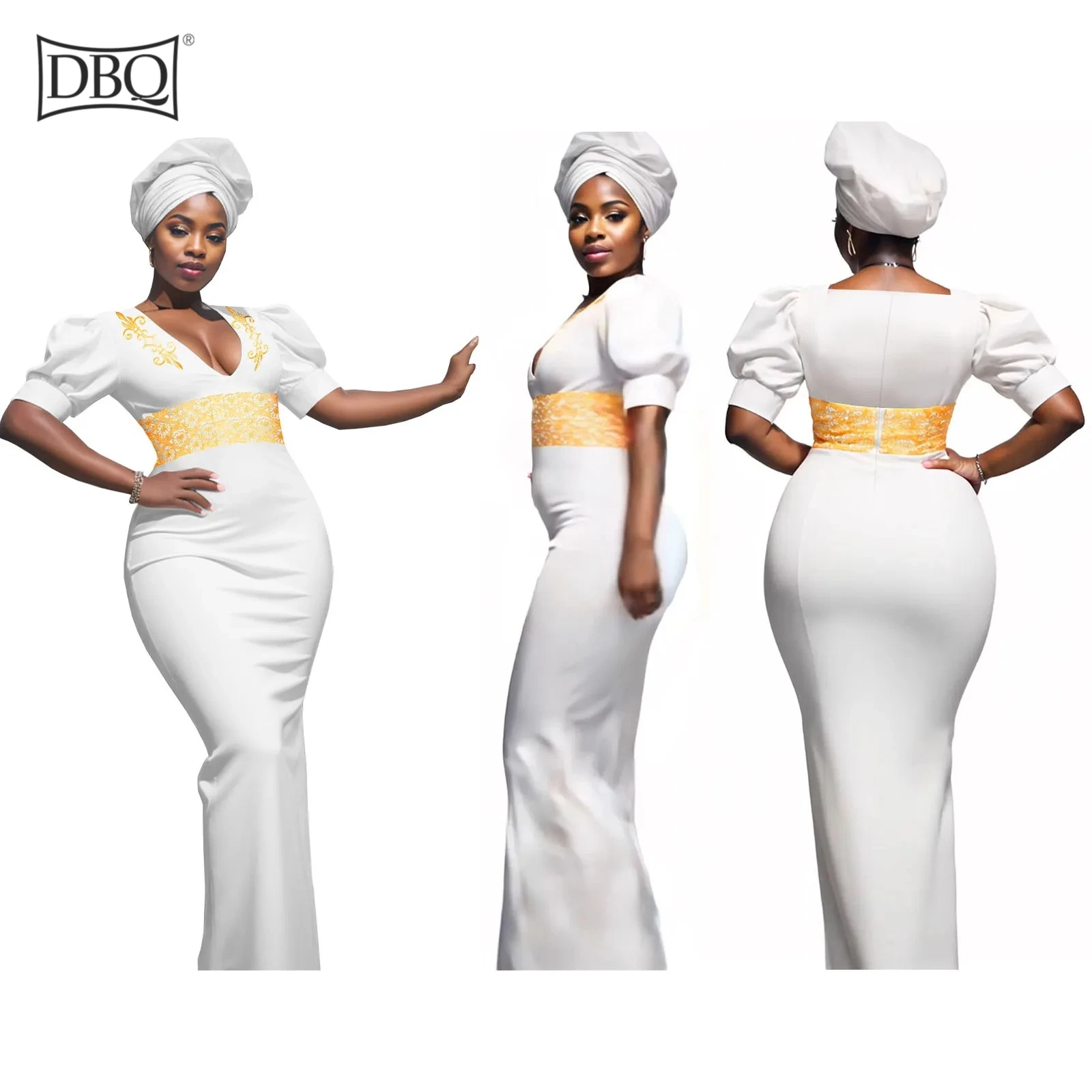 

DBQ African Dresses for Women with Headscarf V Neck Short Sleeve Embroidery Long Maxi Dress