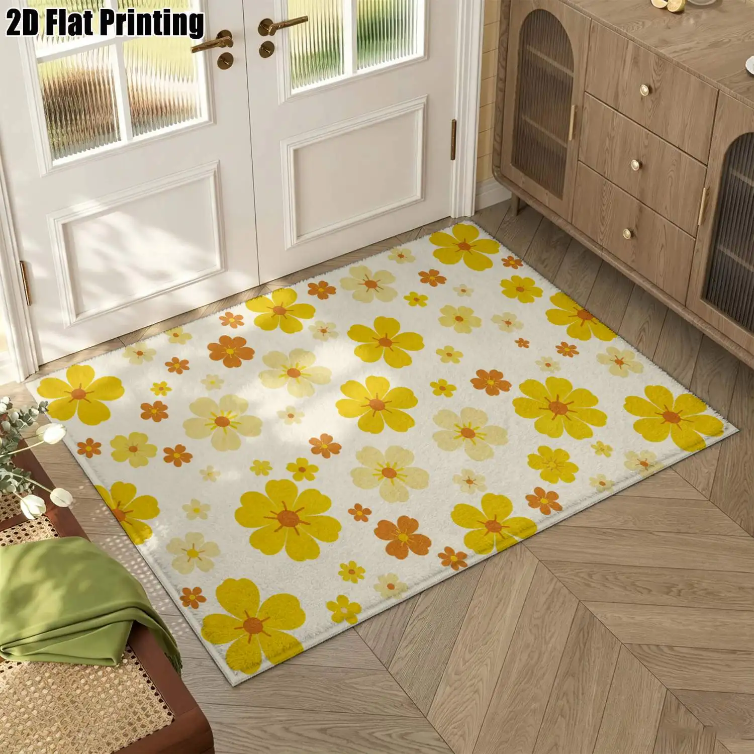 1Pc 2D Printed Yellow Flower Pattern Nordic/Instagram/Modern Minimalist Carpet, Machine Washable, Multi-Size, Suitable for Home Decor as Entrance/Dining Room/Foyer/Living Room/Bedroom/Study Mats
