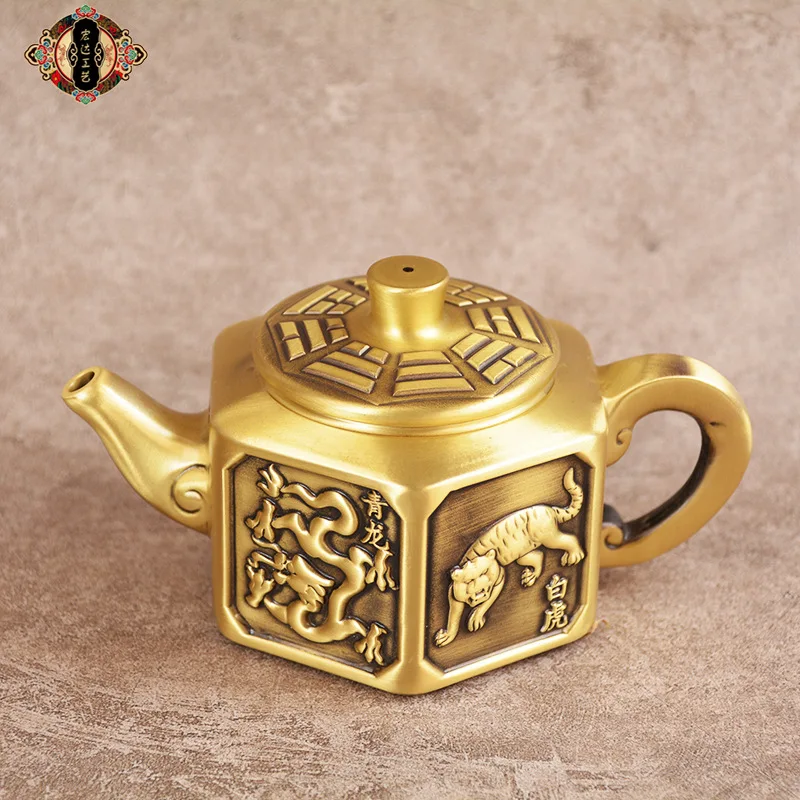 All-brass, thickened, relief-carved copper teapot featuring the Four Divine Beasts (Zhuque and Xuanwu), a decorative item for ho