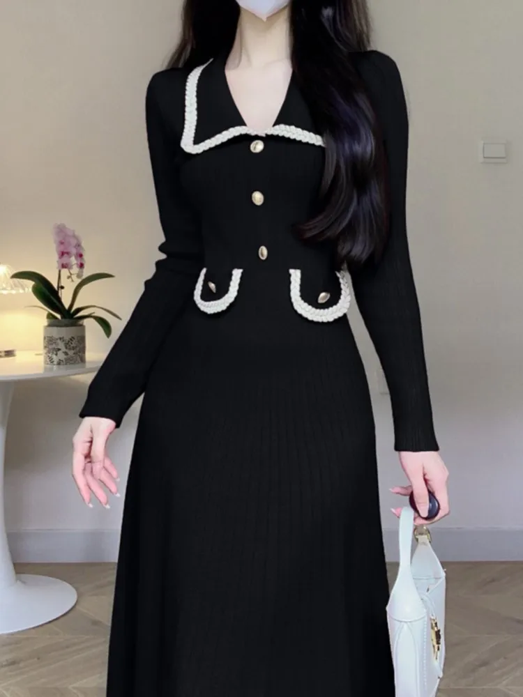 Autumn Winter Knitted Dresses for Women Turn-down Collar Korean Fashion A-line Casual Solid Dress Slim Vestidos Mujer 2024 New