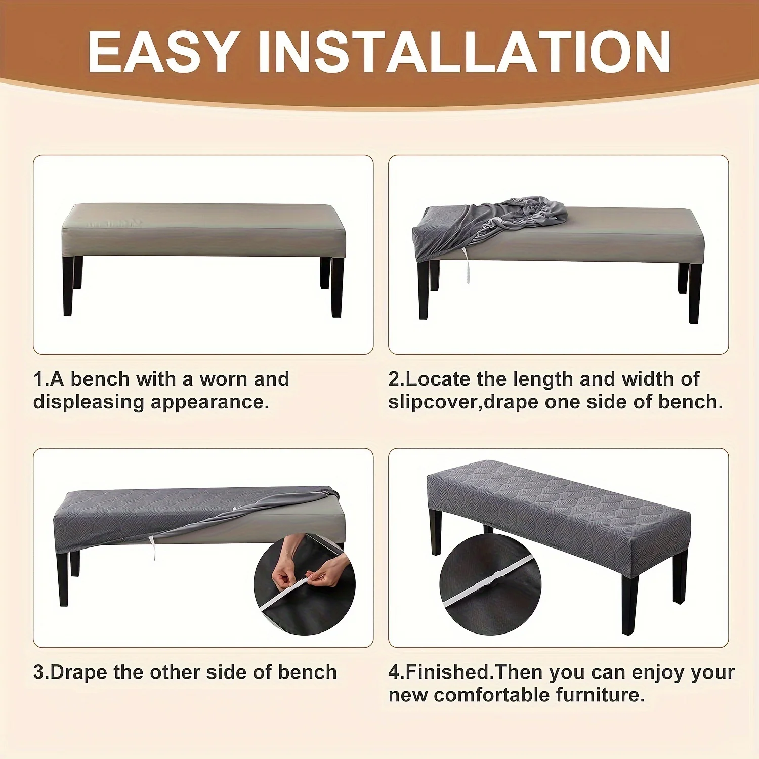 1Pc Waterproof Jacquard Texture Stretch Dining Room Bench Cover Spandex Washable Soft Removable Bench Slipcovers Bench Covers