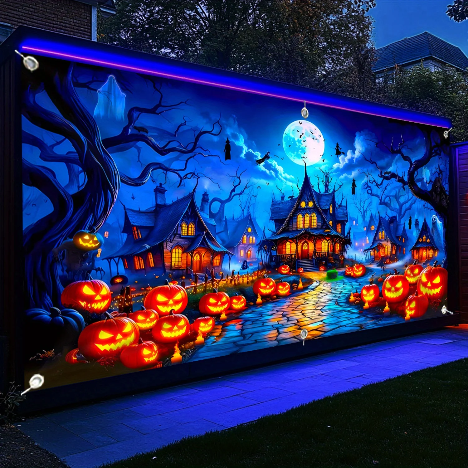 1 piece of Glow in the Dark UV Halloween Banner - Horror Pumpkin Town Garage Door Decoration - Detail 1