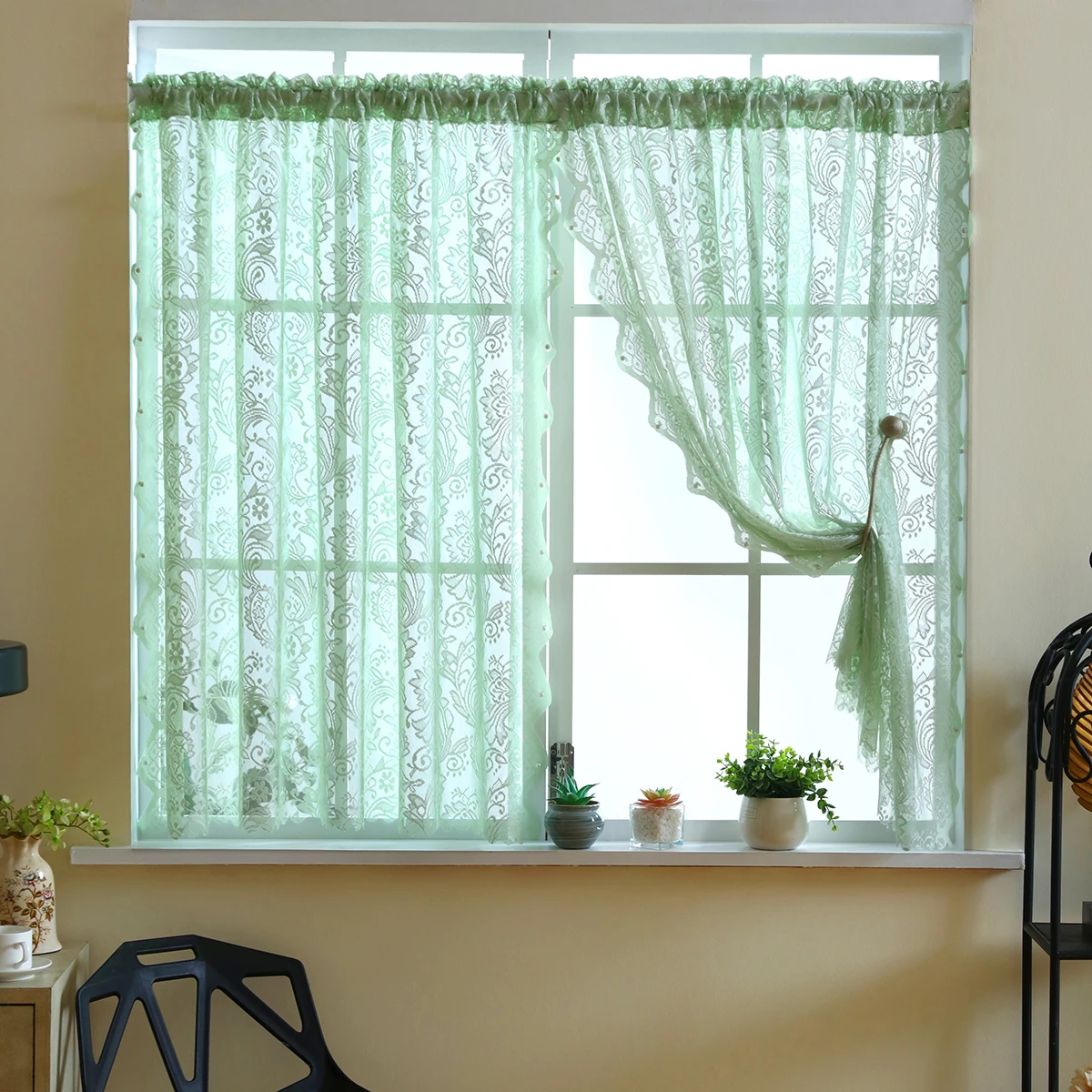 거실용 로맨틱 화이트 레이스 쉬어 커튼, 로드 포켓, 꽃 자수 짧은 거즈 커튼, 주방 캐비닛 커튼, 1 개 